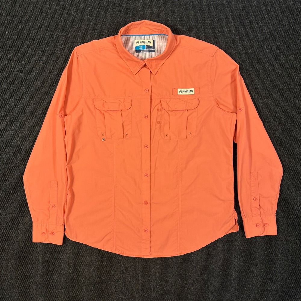 Magellan Fish Gear Fishing Shirt Womens L Orange Relaxed Fit Long Sleeve Vent